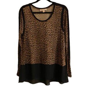 MICHAEL Michael Kors Leopard Black Colorblock Long Sleeve Blouse size XL